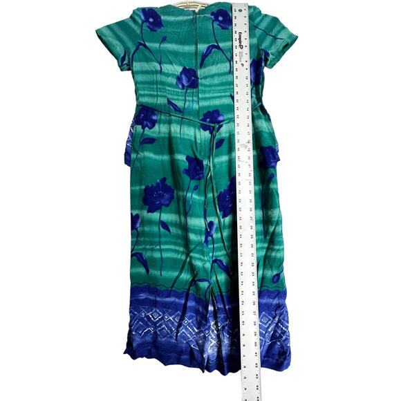 Vintage Miss Scarlett Midi Dress Size 12 Petite Blue Green Short Sleeve Artsy - Picture 4 of 8